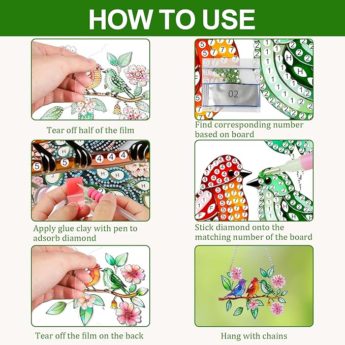 CEOVR Birds Hanging Diamond Art for Adults, Spring Birds Flower Diamond Painting Pendant DIY Gem Art Wall Hanging Ornament, Acrylic Home Garden Decor with Chain, Box Kit 7.87 * 6.29inch