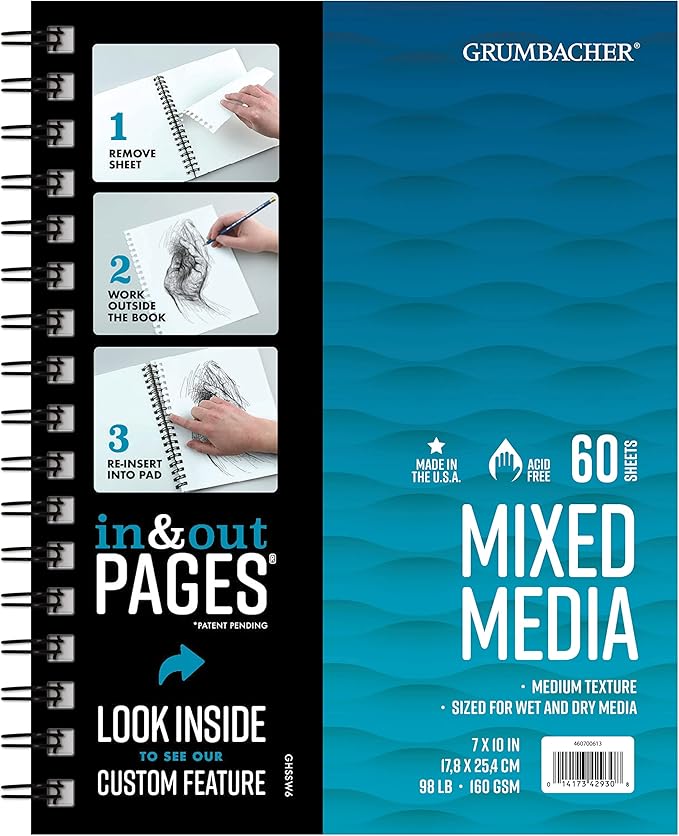 Grumbacher Mixed Media Paper Pad with in & Out Pages, 160 GSM, 7" x 10", Side Wire Bound, 50 White Sheets/Pad, 1 Each