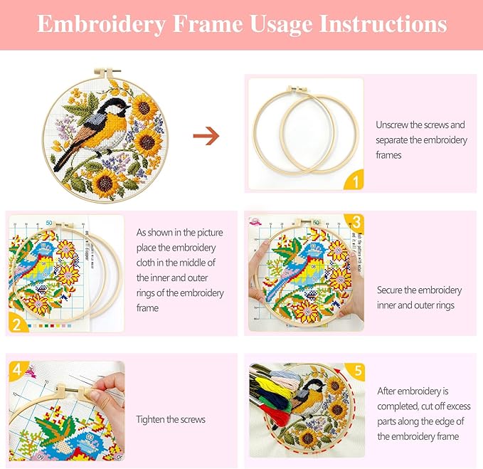 Zhenqing Book Lover's Cross Stitch Kit - 4-Piece Set with Pre-Printed 11CT 24x24cm Fabric, Hoop & Tools, Reading & Flower Themes for Beginners(70411)