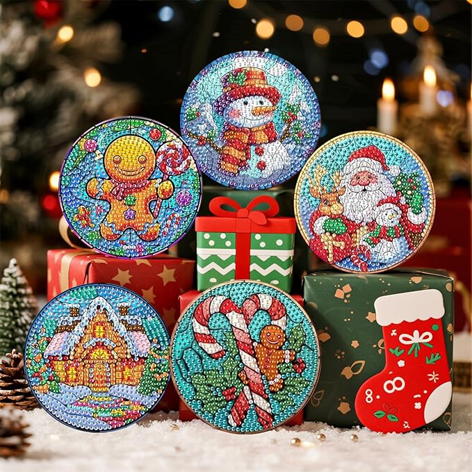 EWJRNSF 6 PCS 5D Diamond Painting Coasters Kits with Holder, Small Diamond Art Kits for Adults Beginners Diamond Dots Arts and Crafts Gems Supplies Item Christmas Style