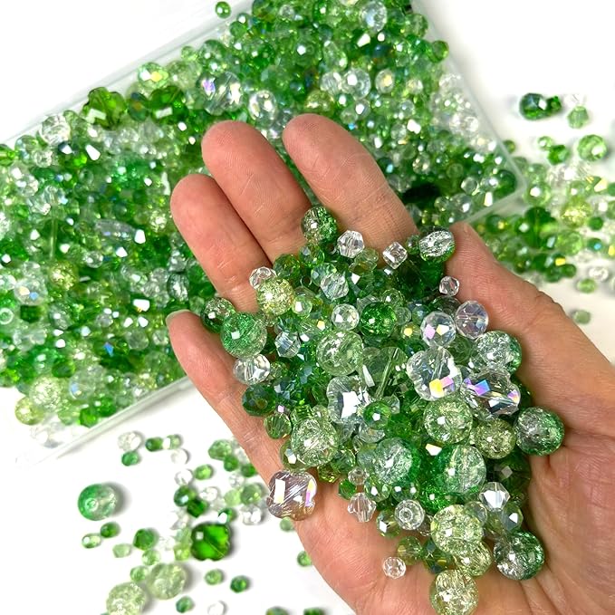 1000Pcs Glass Beads for Jewelry Making Crystal Beads for Bracelet Craft Necklace Earring Making Assorted Color 5 Style/Crackle Round/Briolette Faceted/Bicone/Cube/Four-Leaf Clover / 4 Size