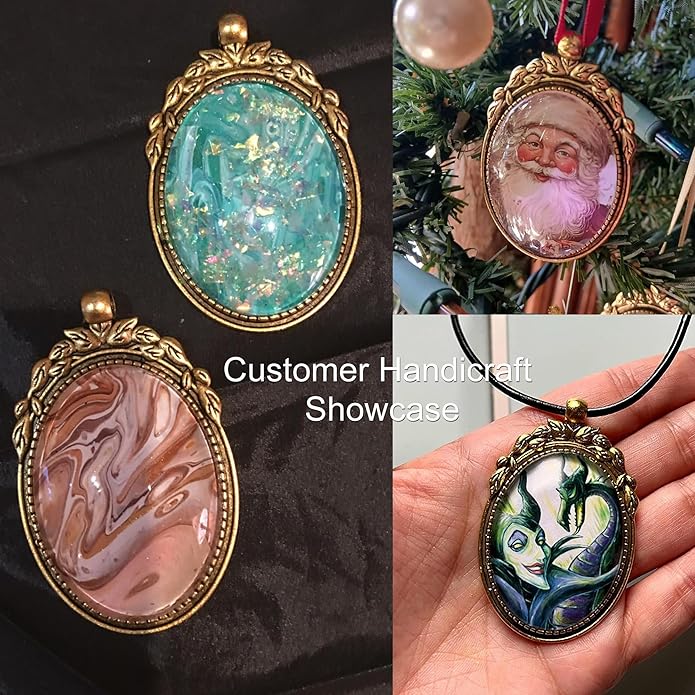 Julie Wang 10 Sets Oval Antiqued Gold Color Blank Photo Setting Bezel Tray Pendant with Clear Glass Cabochons for Necklace Jewelry Making Charms Resin Crafts DIY Supplies