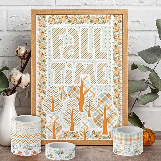 Whaline 12 Rolls Fall Washi Tape Autumn Pumpkin Plaid Truck Washi Tape Cyan Orange Harvest Decorative Masking Tape for Thanksgiving Scrapbook Journal DIY Art Craft Gift Wrapping Supplies