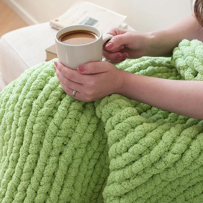 Mellobello Jumbo Chunky Yarn for Hand Knitting - Super Thick Chenille Chunky Yarn for Crocheting - Extra Soft Bulky Fluffy Blanket Big Yarn 8 Jumbo Pack (27yds,8 oz Each Skein) Grass Green