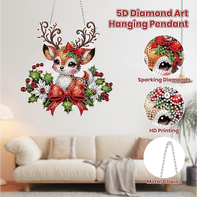 MOGTAA Christmas Diamond Art Hanging Kits for Adults Kids, Christmas Deer Diamond Art Suncatchers, 5D Special Shape Animal Diamond Painting Window Pendant Kit for Home Garden Wall Decor