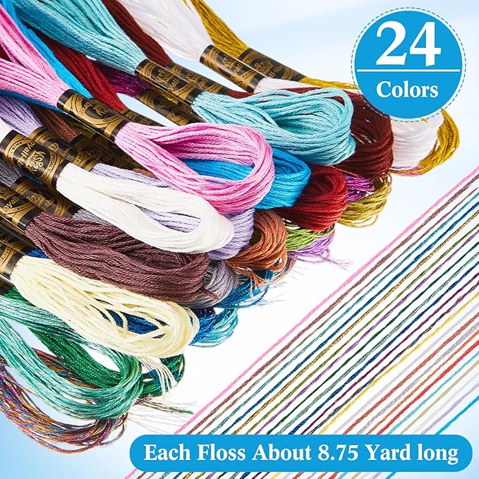 WILLBOND 24 Pcs Metallic & Cotton Embroidery Floss, 24 Vibrant Colors, Polyester Blend, 8.75 Yards Each, Ideal for Embroidery, Cross-Stitch, DIY Crafts