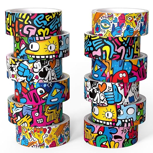 12 Rolls Washi Tape Set,6 Design Colorful Graffiti Decorative Tape Street Art Doodle Masking Tape for Journaling Supplies, Junk Journal, Scrapbooking, DIY Arts & Crafts, Planner, Gift Wrapping