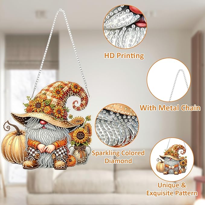 SENQAO Fall Pumpkin Gnome Diamond Art Hanging Kits for Adults Beginners, DIY Acrylic 5D Special Shaped Crystal Diamond Gem Art Painting Hanging Ornament for Home Wall Decor and Gift