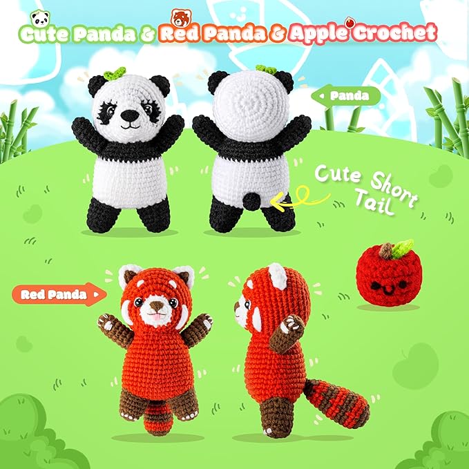 Crochet Kit for Beginners - 2PCS White and Red Panda Crochet Animal Kit with Step-by-Step Video Tutorials, Apple Crocheting Kit, Crochet Starter Kit for Adults, Beginners Knitting Kit for Birthday