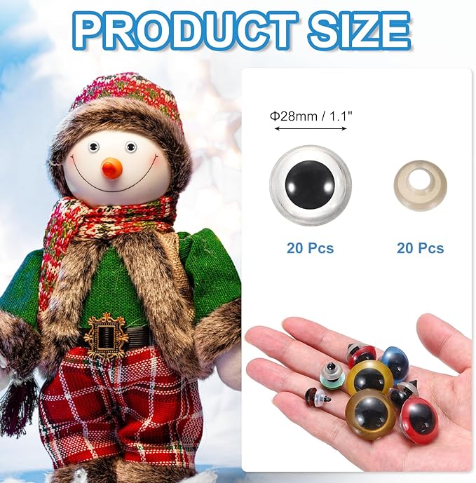 PATIKIL 28mm Safety Eyes, 20Pcs Realistic Doll Crocheting Safety Eyes with Washers for Decor Crochet Accessories Dolls Craft Halloween, Clear