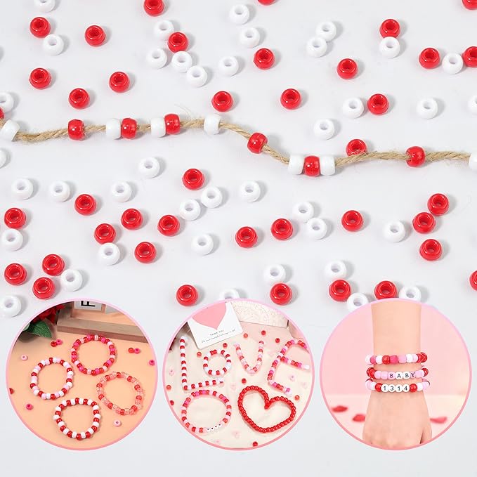 1000Pcs Valentine’s Day Beads Bulk 6MM Red and White Pony Beads for Crafts Hair DIY Projects Plastic Red and White Bead for Jewelry Making Party Gift Supplies