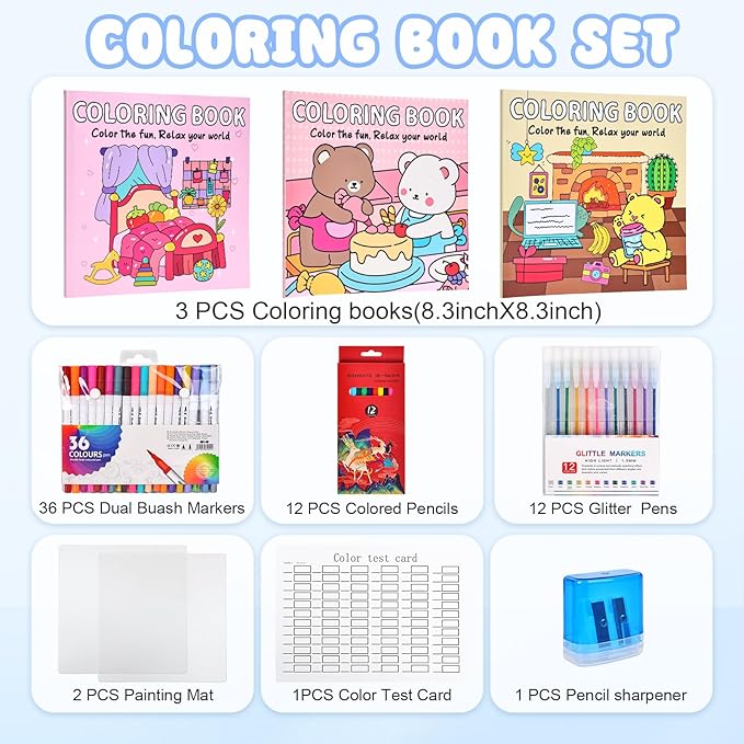 yqwuco coloring book set for adults,3 pack easy and simple designs coloring set,stress relief gifts with 36 colors markers &12 pcs glitter markers &12 pcs colored pencils for adults relaxation