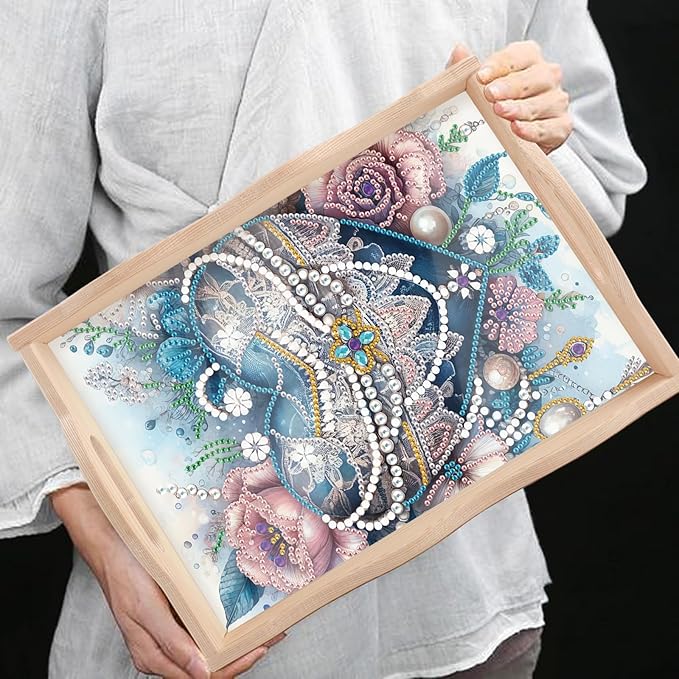 AiYuanzsh DIY Diamond Art Wooden Tray with Handle, Blue Jewel Heart with Flowers Design, Diamond Painting Mosaic Kit, Creative Craft Diamond Art Tray for Coffee Table and Home Organizer