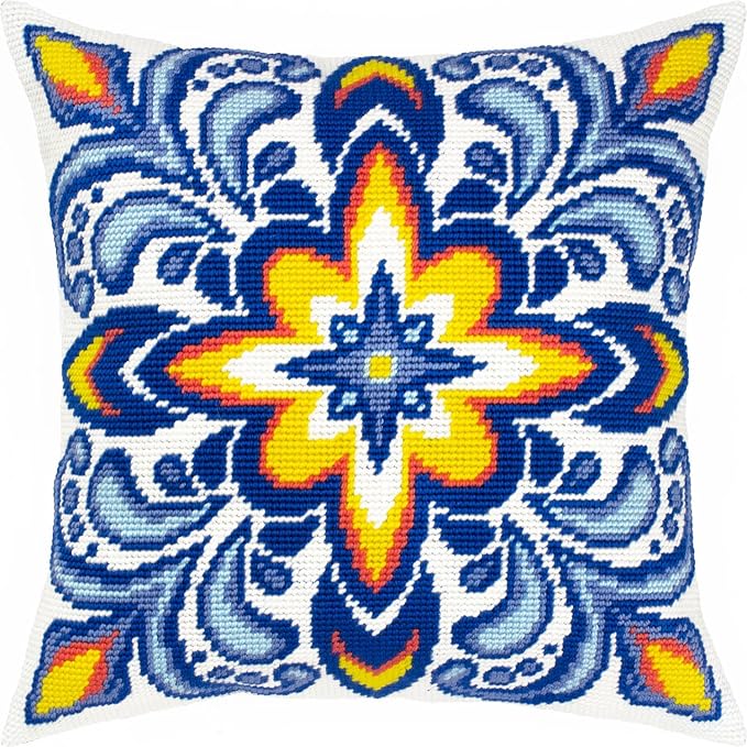 Brvsk Ornamental Stamped Cross-Stitch Kit for Adults and Beginners — Fire and Ice 16″ × 16″ with Clear, Precise Printed Design on Cotton Canvas; Includes 2 Needles, Yarn, and Easy-Read Chart