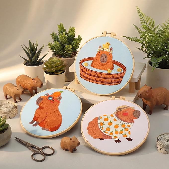 Mindsoft 3 Sets Capybara Embroidery Kit with Embroidery Hoop Easy Pattern Needlepoint Kit for Beginners and Adults Handcrafts Needlepoint Set with Needles Thread and Instruction