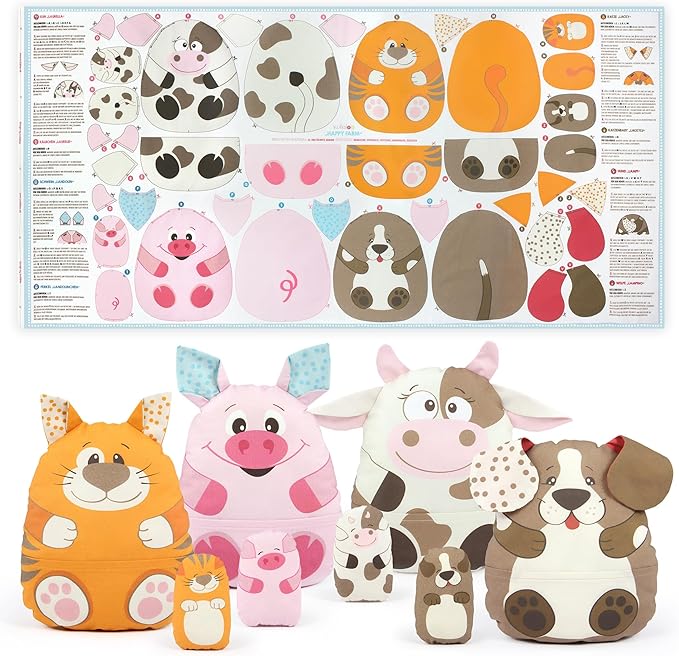 kullaloo Fabric Sewing kit for Beginners - DIY Craft Kit for Girls & Boys - Farm Animal Cut & Sew Fabric Panel with Cow, Pig, Dog & Cat (Happy Farm)