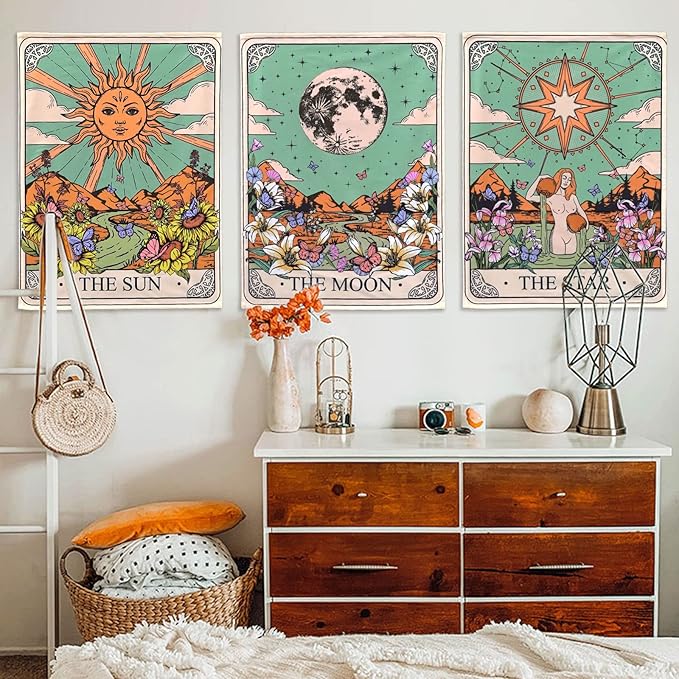 aipon tarot tapestry cute tarot card tapestries 3 pack sun moon star green floral flower small aesthetic tapestry wall hanging for bedroom living room dorm (20'' × 27'')