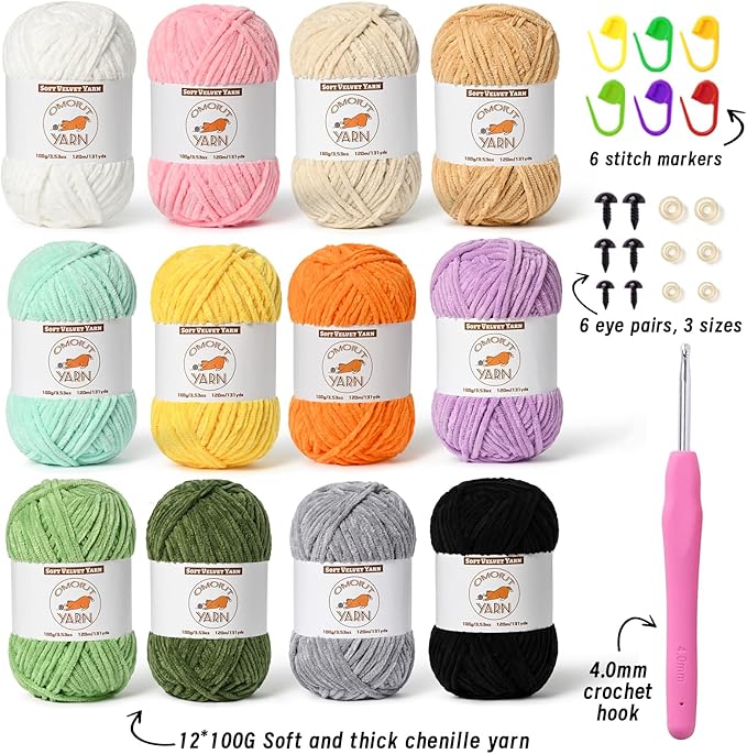 12 Skeins Fluffy Chenille Yarn for Crocheting, Soft Bulky Velvet Yarn for Knitting, Plush Baby Blanket Crochet Yarn, 1572 Yards Multicolor Amigurumi Yarn for Crafts Set C