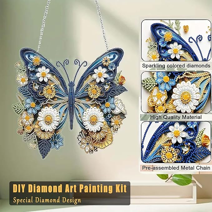 TSRUVYL Butterfly Diamond Art Painting Kit for Adults, 3D Hanging Diamond Art Suncatchers, Cute Diamond Art Painting Crafts Gift, DIY Special Shaped Gem Crystal Ornament(Blue-Butterfly)