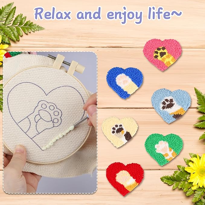 AIRDEA Punch Needle Drink Coasters Kit,Casual Punch Needle Embroidery Complete Kits for Beginner 3.29x3.29 Inches,Included All Accessories,DIY Car Coasters (Box-red Blue Beige)