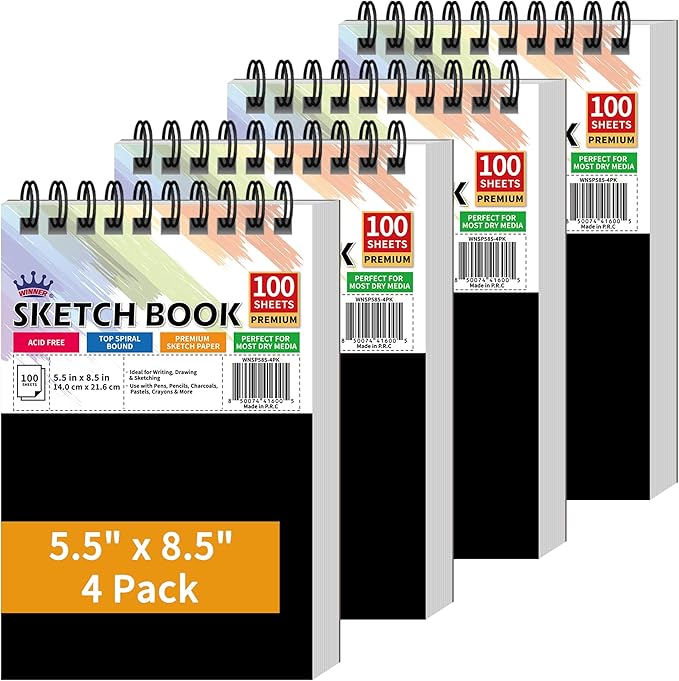 winner 5.5" x 8.5" sketch book, 400 sheets top spiral bound sketch pad, 68lb/100gsm white acid free drawing paper, drawing writing sketching pad, art supplies for kids adult beginners artists, 4 pack