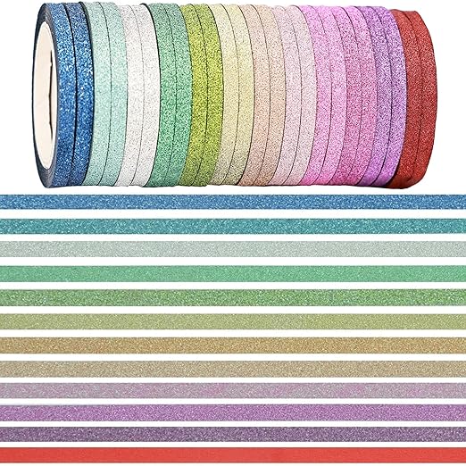 YUKUNTANG Glitter Washi Tape Set, 24 Rolls, 3mm x 132 Yards, Metallic Foil Sparkle Decorative Craft Tape for DIY Art, Scrapbooking, Journaling, Gift Wrapping