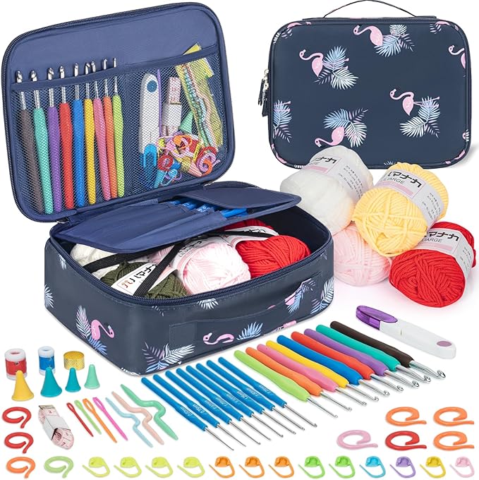 GMAK 59 PCS Crochet Kit for Beginners Adults, Crocheting Sets Include Yarn, Hooks and Tools, Portable Crochet Starter Kit for Making Variety Projects Crocheting Supplies, Navy Flamingo