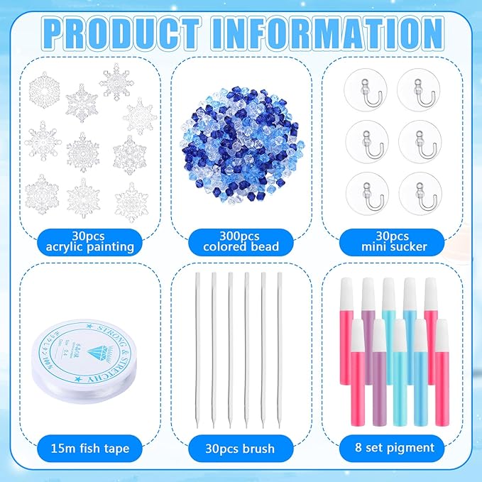 Sonwyoung 30 Sets Winter Snowflake Suncatchers Ornament Craft Kits, DIY Glow in The Dark Christmas Suncatcher Kits Art Stained Glass Window Paint Art for Party Activities Craft Party Favors