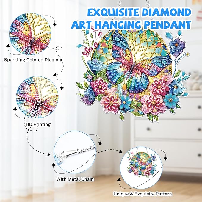 Bowetile Butterfly Diamond Art Hanging Kits for Adults, 5D Special Shape Diamond Painting Flowers Pendant Kits, Animal Gem Art Suncatchers Painting Ornament for Home Garden Wall Decor