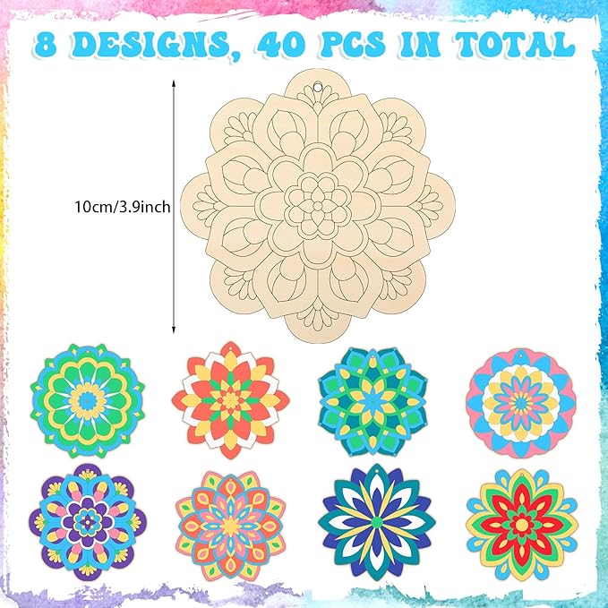 Blosssound 40 Pcs Unfinished Wood Mandala to Paint Wooden Mandala Painting Crafts Diwali Art Slices for Adult to Relax Painting DIY Crafts Ornament Wedding Home Decorations, 4 Inch(Fresh)