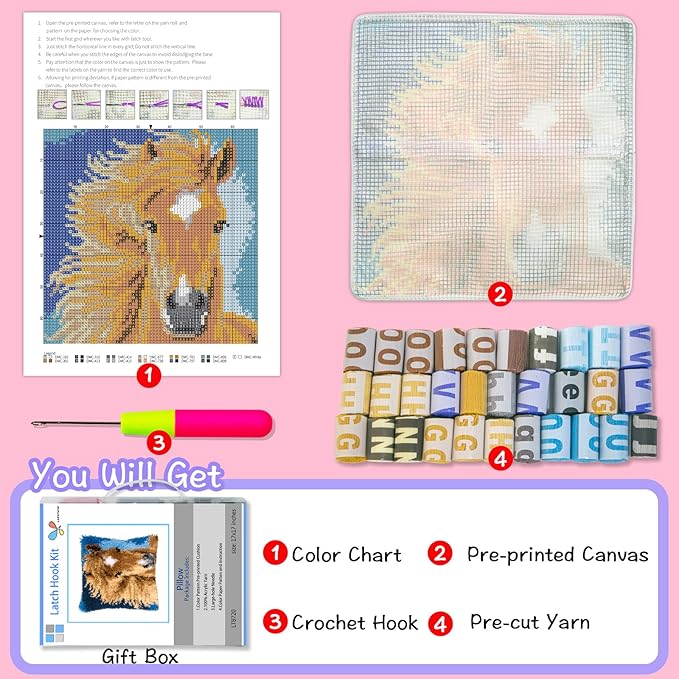 LAPATAIN Latch Hook Kits for DIY Throw Pillow Cover,Needlework Cushion Cover Hand Craft Crochet for Great Family 17X17inch(Horse)