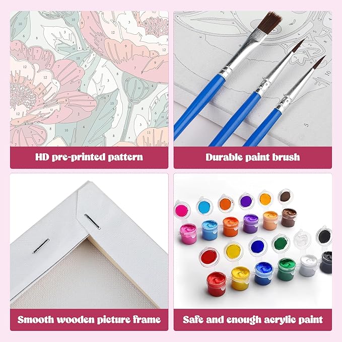 MXJSUA 4 Pack Peony Flowers Framed Paint by Numbers Kit with Canvas for Adults Beginner, DIY Acrylic Oil Painting Kits with Brushes for Home Wall Decor Gift (8x8 inch)