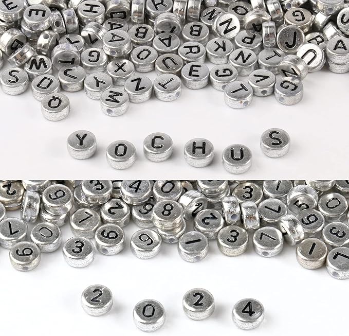 Yochus 1000pcs Silver Mixed Round Acrylic Letter Beads 4x7mm Black Alphabet Number Beads for Jewelry Making and DIY Bracelets