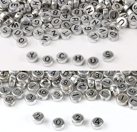 Yochus 1000pcs Silver Mixed Round Acrylic Letter Beads 4x7mm Black Alphabet Number Beads for Jewelry Making and DIY Bracelets