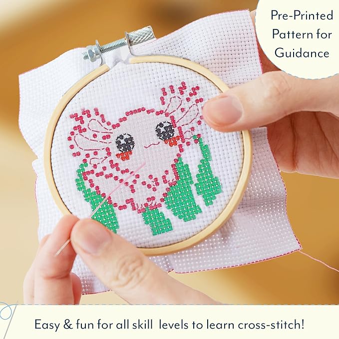 GAMAGO Axolotl Cross Stitch Embroidery Kit – DIY Needlework Craft Set with Hoop, Fabric, Floss & Instructions, Cute Beginner Embroidery Kit for Kids, Teens, & Adults