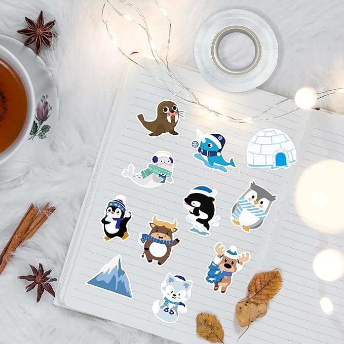 beyumi winter polar animal sticker - 1000pcs polar animal stickers in 2 rolls cute winter arctic adhesive kawaii animal decal holiday party favor supplies classroom office bottle decor