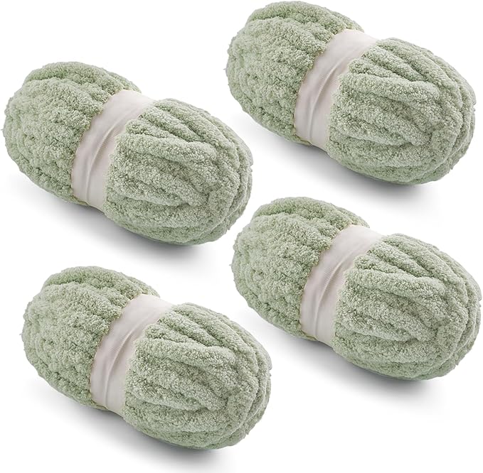 4 Pack Chunky Yarn for Hand Knitting - Chunky Chenille Blanket Yarn for Crocheting - Jumbo Fluffy Yarn for Crochet - Super Bulky Yarn 28.4 yds 7.7 oz Each Skein (Sage Green)