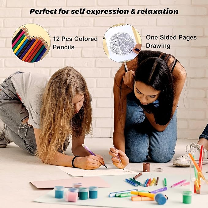 Animal Coloring Book for Adults 41 Unique Single Sided Patterns and 9 Blank Pages with 12 Colored Pencils Set 130GSM Thick Paper Stress Relief & Mindfulness Gift for Women Men, 8.5 X 11in