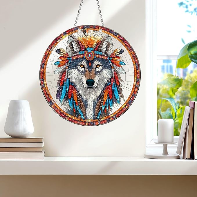 Wergund 5D DIY Wolf Diamond Art Hanging Kits, Hanging Diamond Art Animal, Acrylic Special Shaped Rhinestone, Window Hanging Pendants for Home Wall Garden Front Door Outdoor Decor Gift(Wolf)