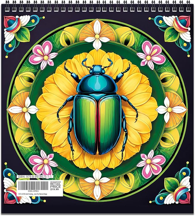 FUN LAVIE Adult Coloring Book - Mandala Coloring Books for Adults Relaxation and Teens Stress Relief, Featuring Large Print Mandalas Insect & Bloom Patterns for Women Mindfulness, Spiral Bound