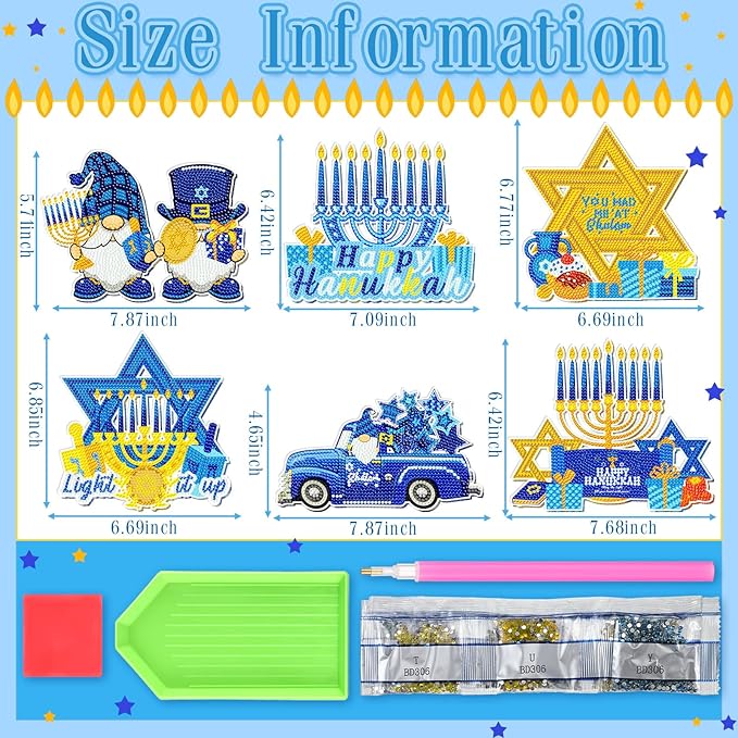 Zonon 6 Pcs Hanukkah Diamond Art Painting Hanging Sign Set Hanukkah Star Diamond Art Adults 5d DIY Craft Acrylic Pendant Ornaments Kits for Home Wall Door Window Decor