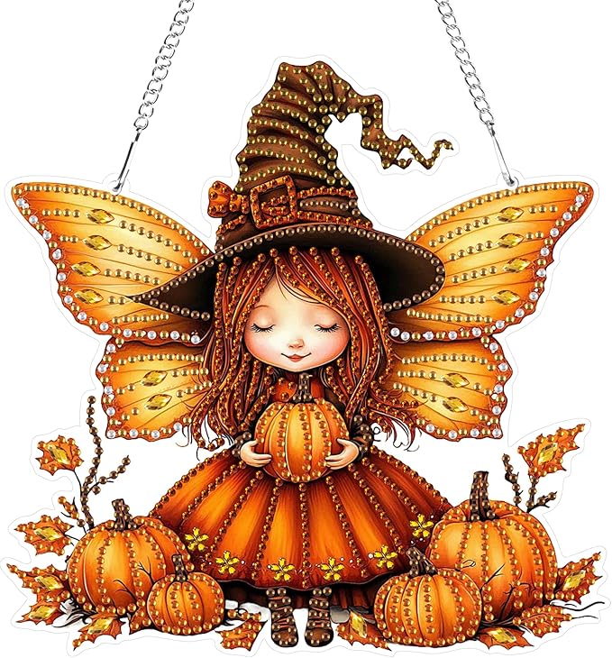 Genius maker Halloween Diamond Art Hanging Kits for Adults, Fall Pumpkins Fairy Special Shaped Diamond Painting Kit, Acrylic 5D Crystal Diamonds Gem Art Painting Hanging Ornament for Home Wall Decor