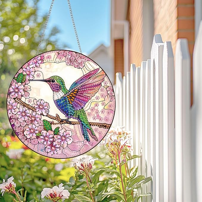 Wergund Hummingbird Diamond Art Hanging Kits, Hanging Diamond Art Animal, Acrylic Special Shaped Rhinestone, Window Hanging Pendants for Home Wall Garden Front Door Outdoor Decor Gift(Hummingbird)