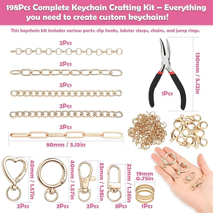 selizo 198Pcs Charms Lip Gloss Keychain Making Kit, DIY Craft Supplies with Charms, Key Chain Hooks, Jump Rings, Lobster Clasps, Chains & Tools, Jewelry Making Kit for Custom Keychains, Bags, Gifts