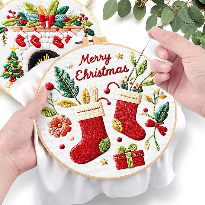 ERKOON Embroidery Kit for Beginners, 5 Sets Christmas Cross Stitch Set for Adults Include Embroidery Cloth Hoops Threads for Craft Lover Hand Stitch with Skill Techniques (Christmas#1)