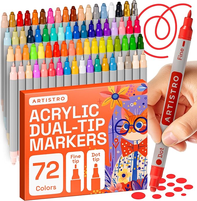 ARTISTRO 72 Acrylic Paint Markers for Rock, Fabric, Wood, Glass, Eggs - Dual-Tip Paint Pens for Coloring Books for Adults, Teens, Kids - Art & Craft Supplies - Gift Idea - Easter Basket Stuffers