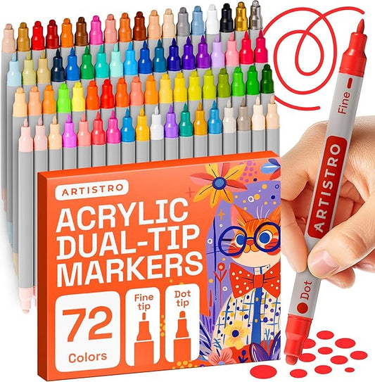 ARTISTRO 72 Acrylic Paint Markers for Rock, Fabric, Wood, Glass, Eggs - Dual-Tip Paint Pens for Coloring Books for Adults, Teens, Kids - Art & Craft Supplies - Gift Idea - Easter Basket Stuffers