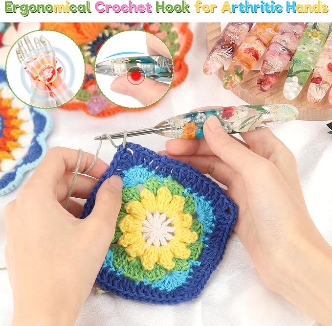 Katech 4.5mm Crochet Hook for Arthritic Hands, Hand-Polished Stainless Steel Ergonomic Crochet Hooks with Customized Sparkle Dried Floral Grip, Soft Tapered Hook-Crochet Gift for Beginner & Crocheter