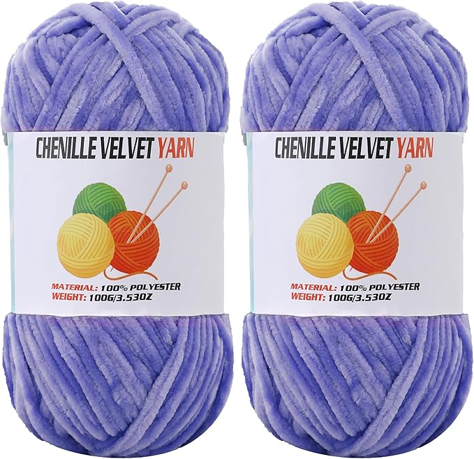2 * 100g Velvet Chenille Chunky Yarn, Handcrafts Weaving Soft Chenille Yarn for Crocheting Clearance, Used for Making Baby Yarn Blanket, Clothes, Knitting Creations (Light-Lavender)