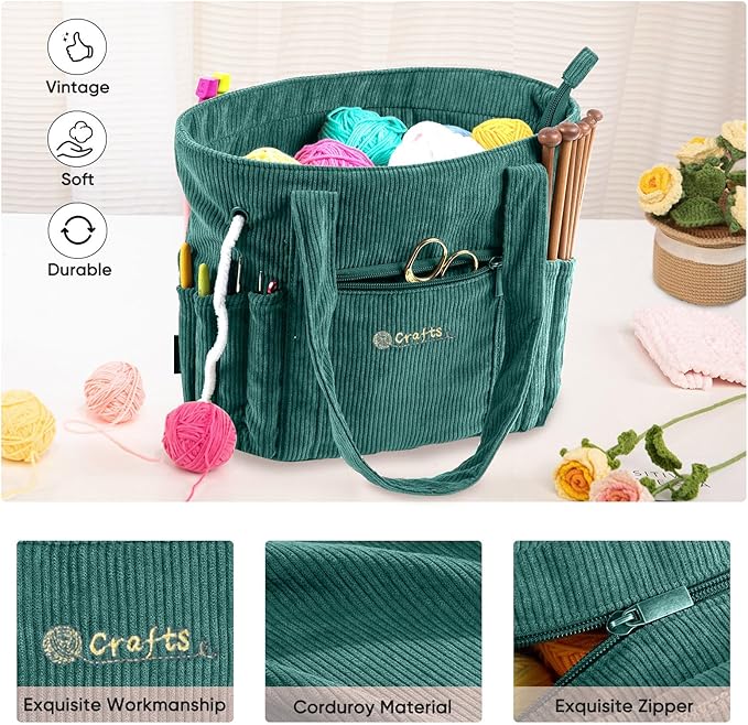 Crochet Bag and Tote - Corduroy Yarn Bag - Yarn Holder for Crocheting - Crochet Storage Bag for Crochet Hooks, Crochet Accessories, Knitting Bag for Crochet Lovers, Mother's Day Gift